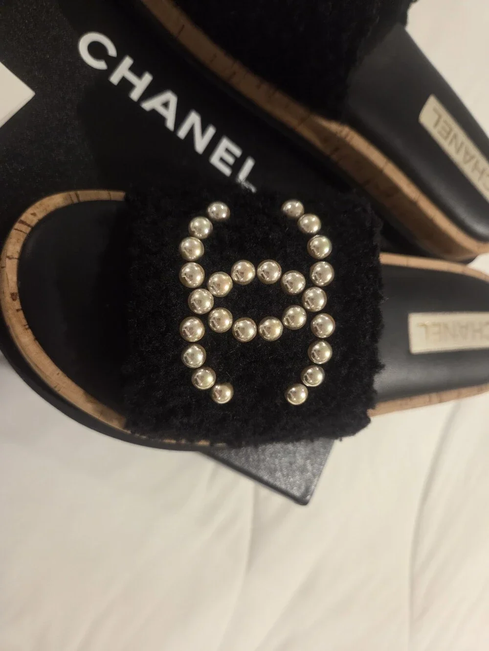 Chanel CC Logo Tweed Cork Slides Sz 39